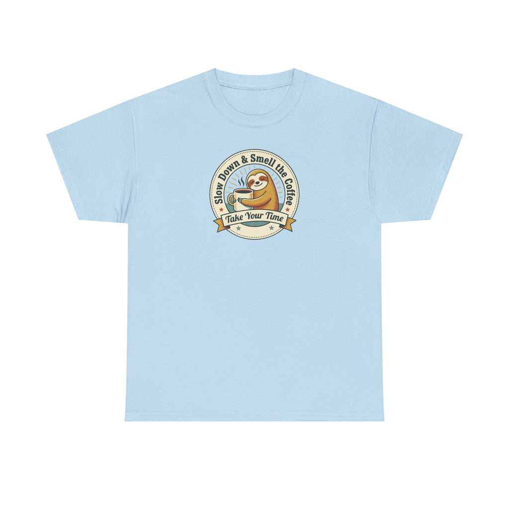 Light blue sloth graphic T-shirt with circular Take Your Time badge print