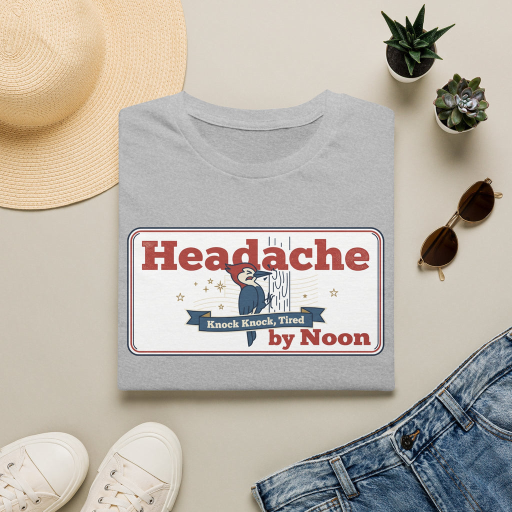Light gray crewneck t-shirt with "Headache by Noon" retro nurse graphic