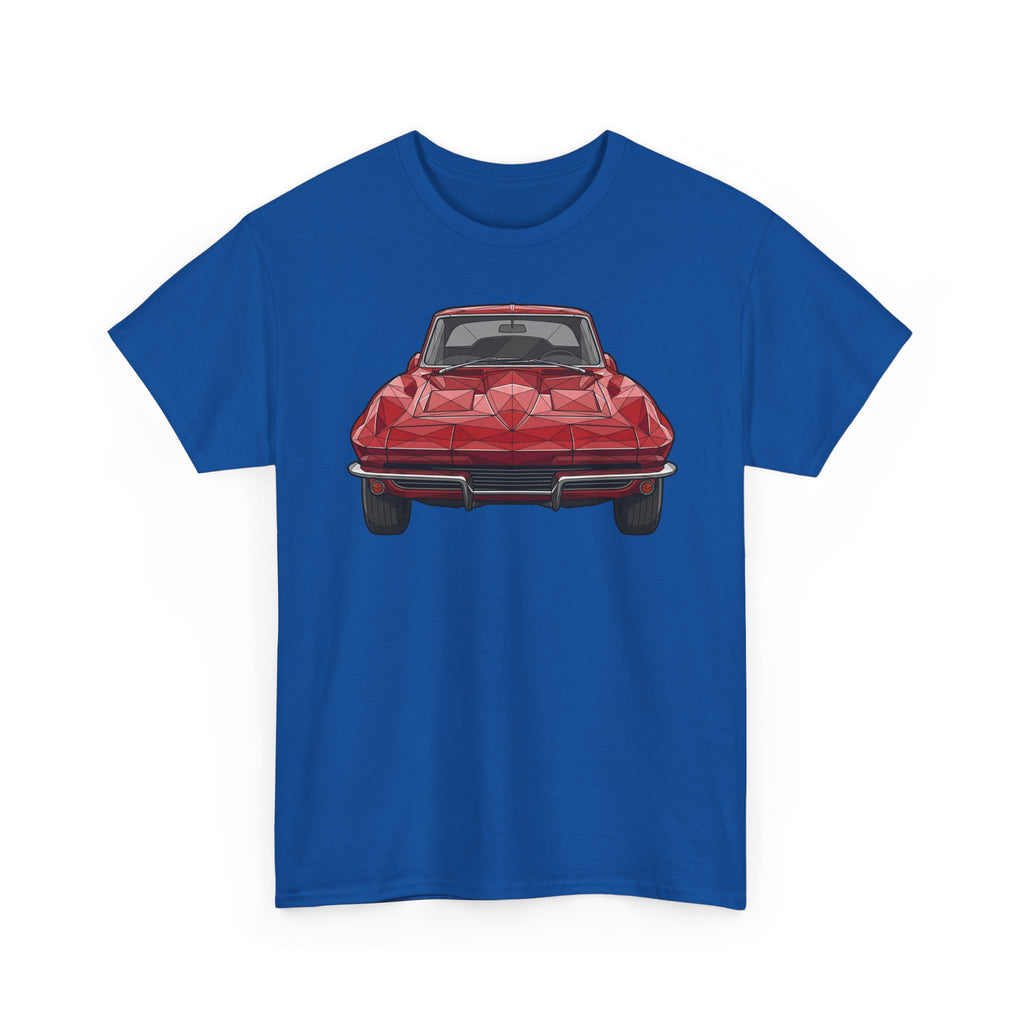 Blue T-shirt with red sports coupe graphic on the front