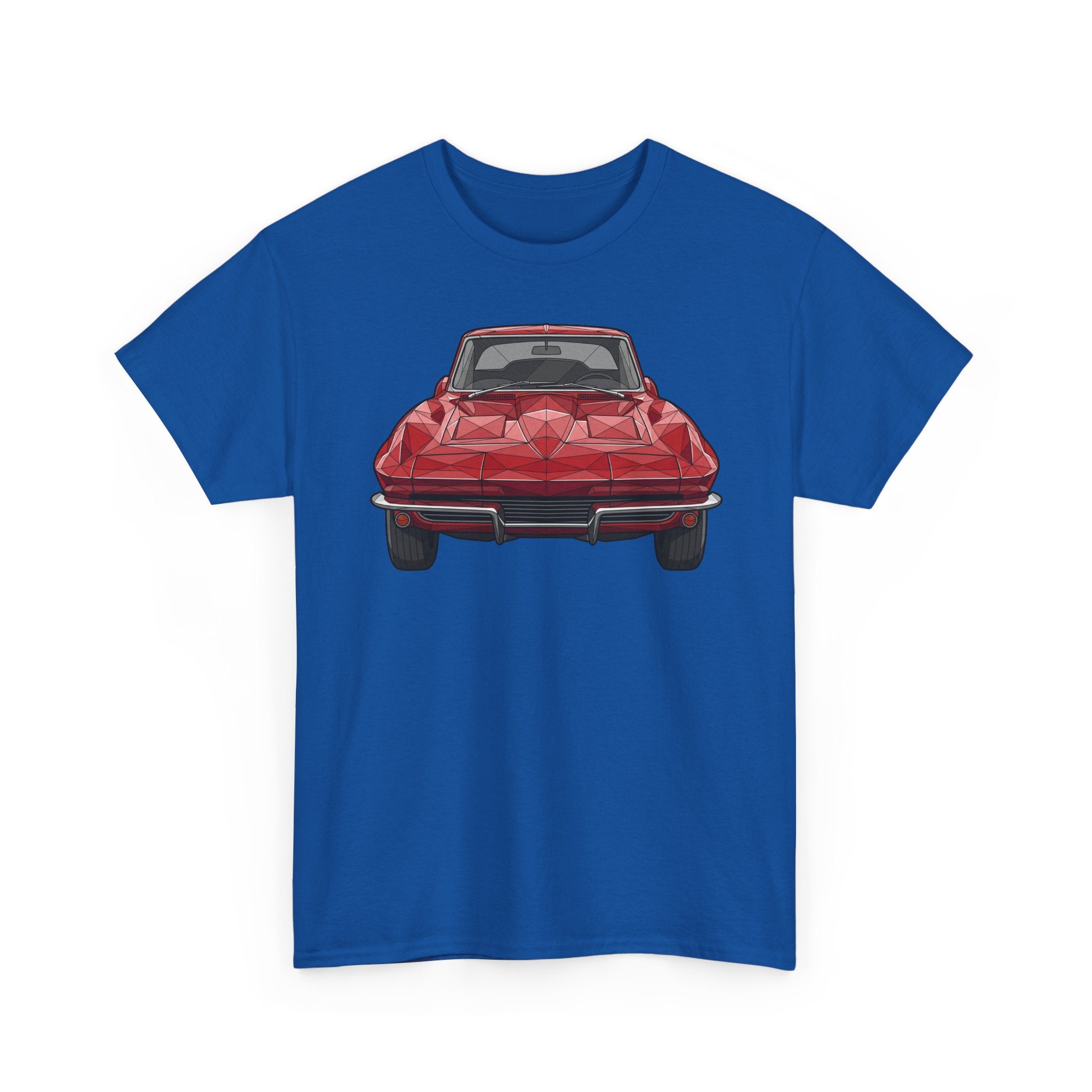 Blue T-shirt with red sports coupe graphic on the front