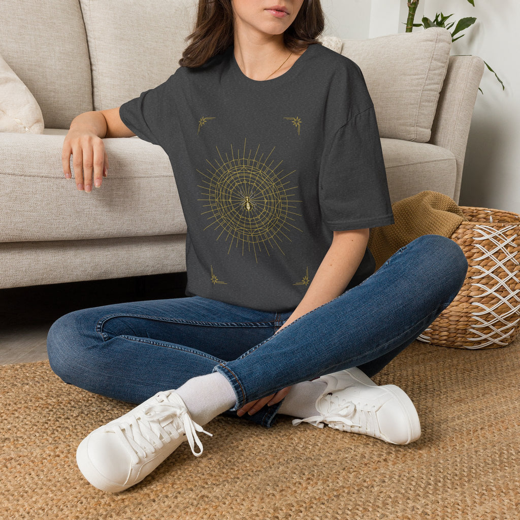 Charcoal gray spider mandala graphic T-shirt with short sleeves and crew neck