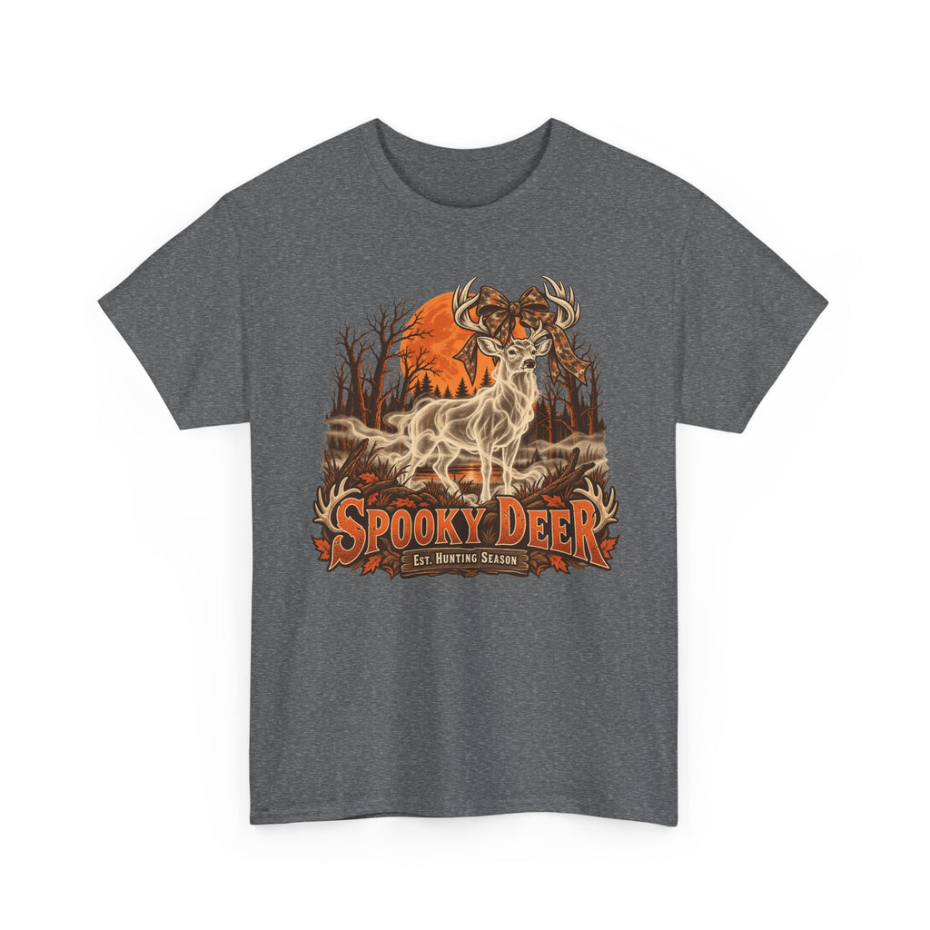Heather gray T-shirt with orange ghost deer hunting graphic on chest
