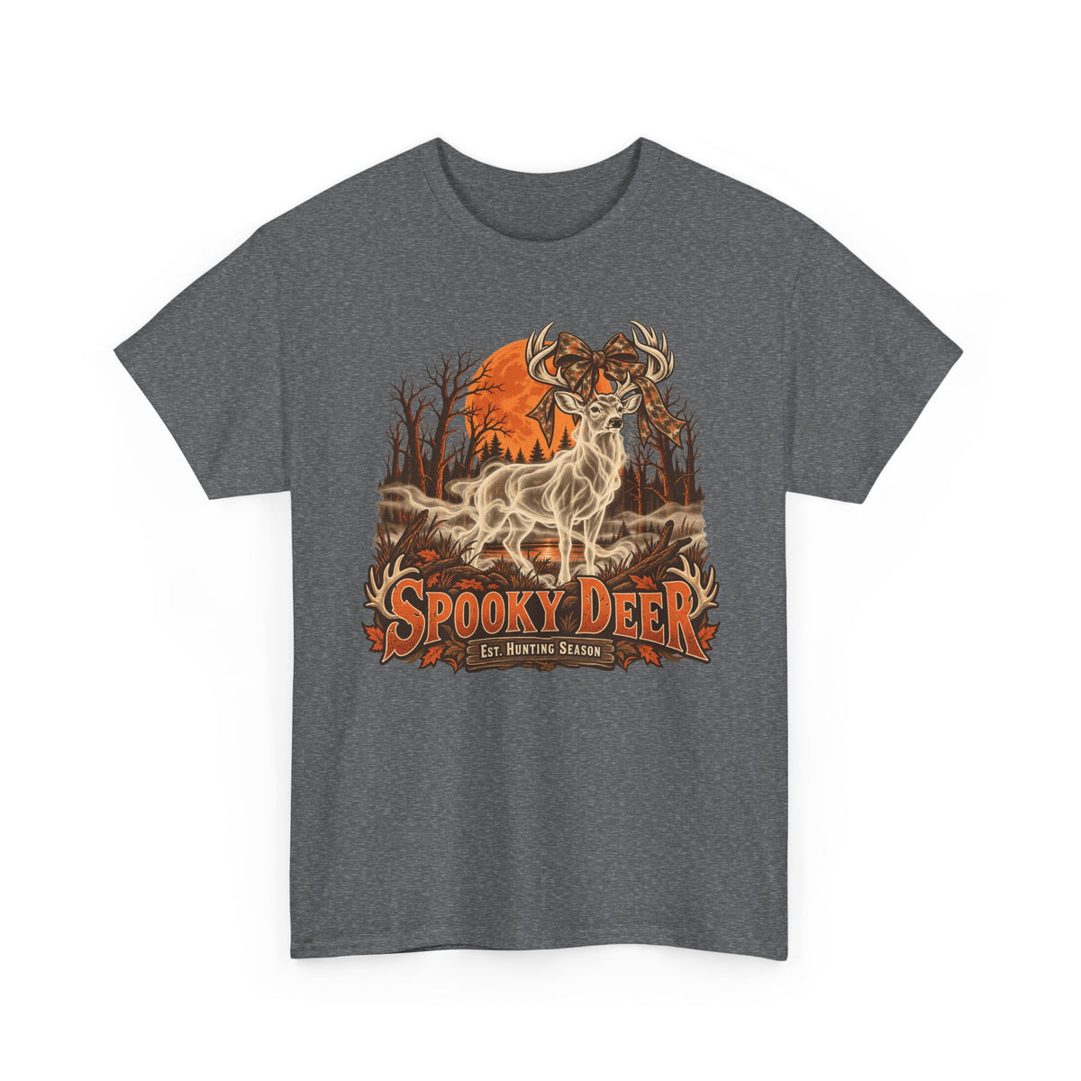 Heather gray T-shirt with orange ghost deer hunting graphic on chest