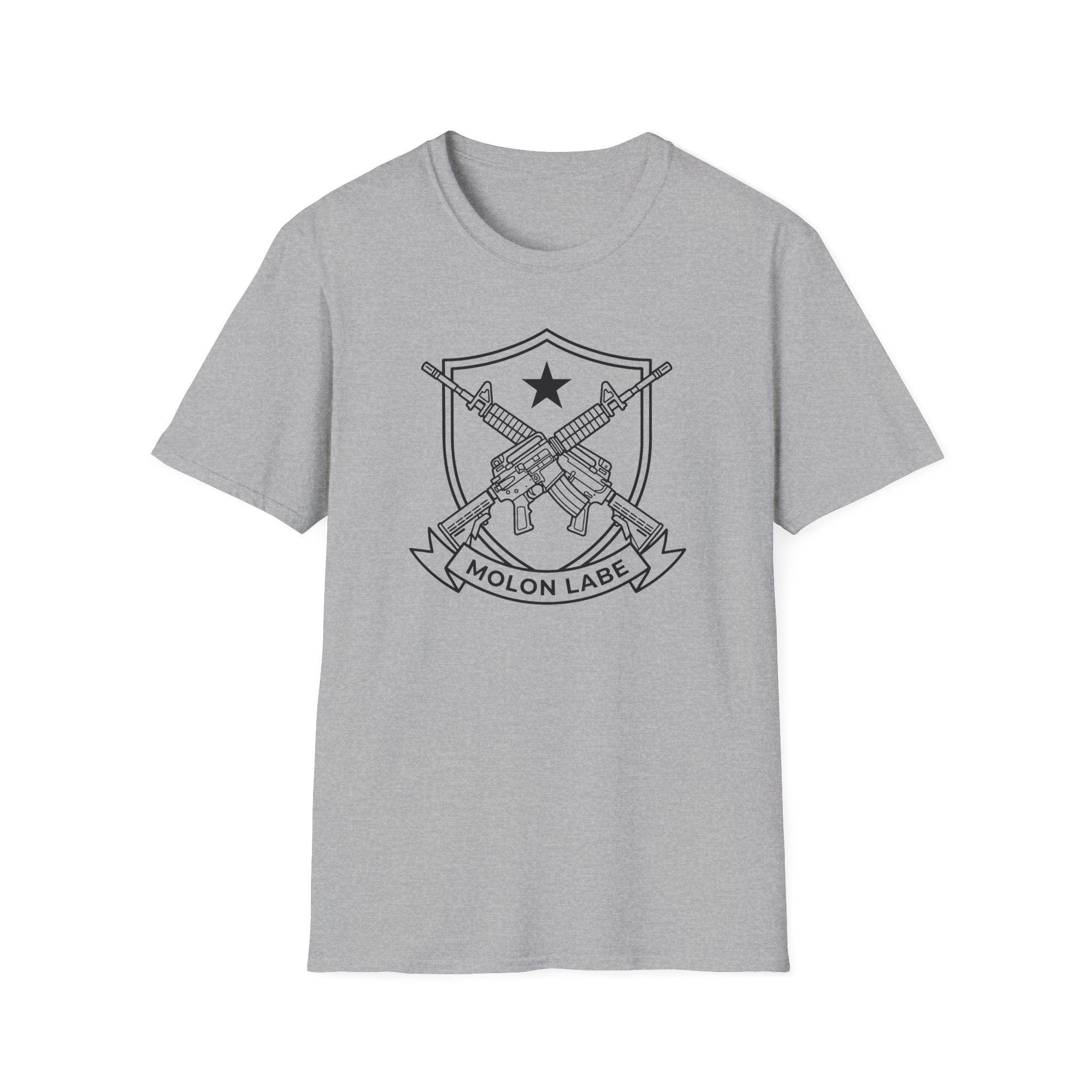 Light gray T-shirt with front shield emblem featuring crossed rifles and “MOLON LABE”
