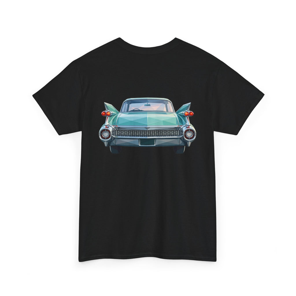 Black crewneck T-shirt with teal classic car graphic, front bumper and lights