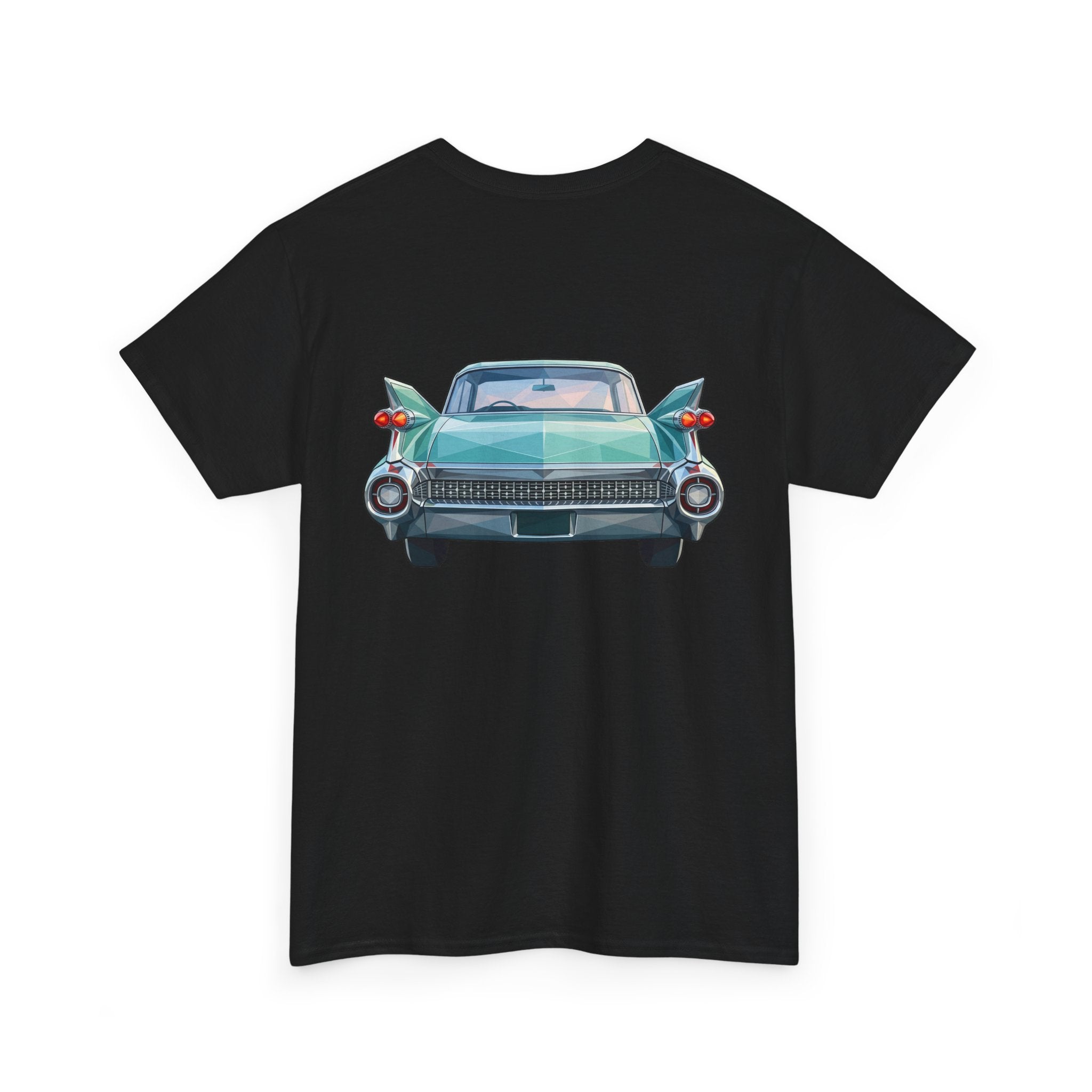 Black crewneck T-shirt with teal classic car graphic, front bumper and lights