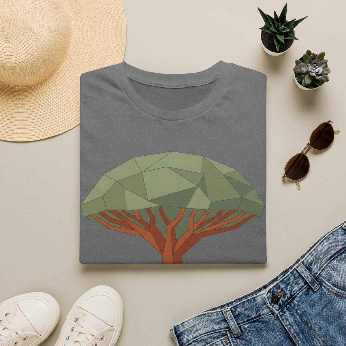 Unisex heather gray t-shirt with geometric acacia tree nature graphic