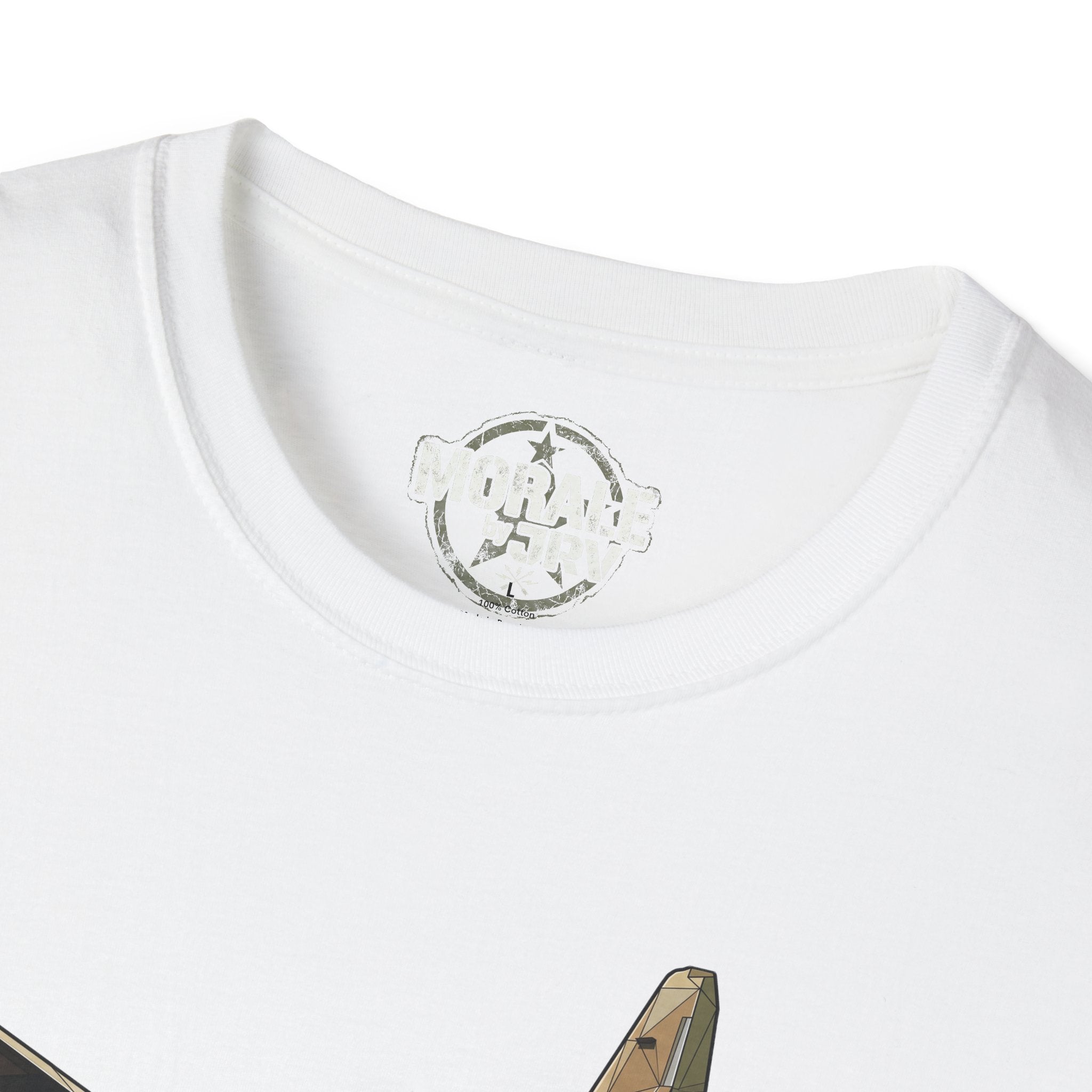 White T-shirt close-up: crew neck with small circular C-130 logo above chest print