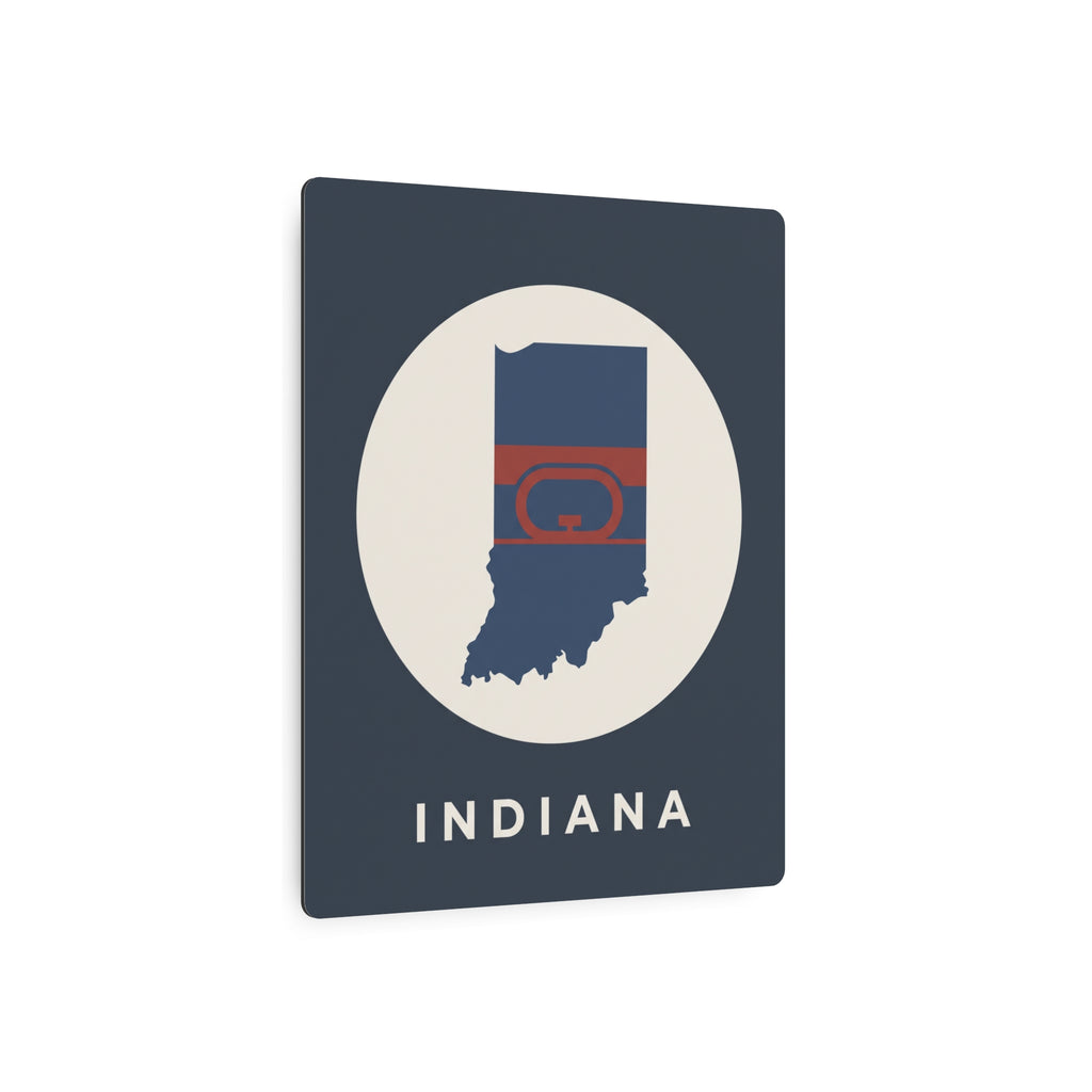 Indiana metal wall sign with dark blue backing, white oval frame, Indiana map silhouette, hoop emblem