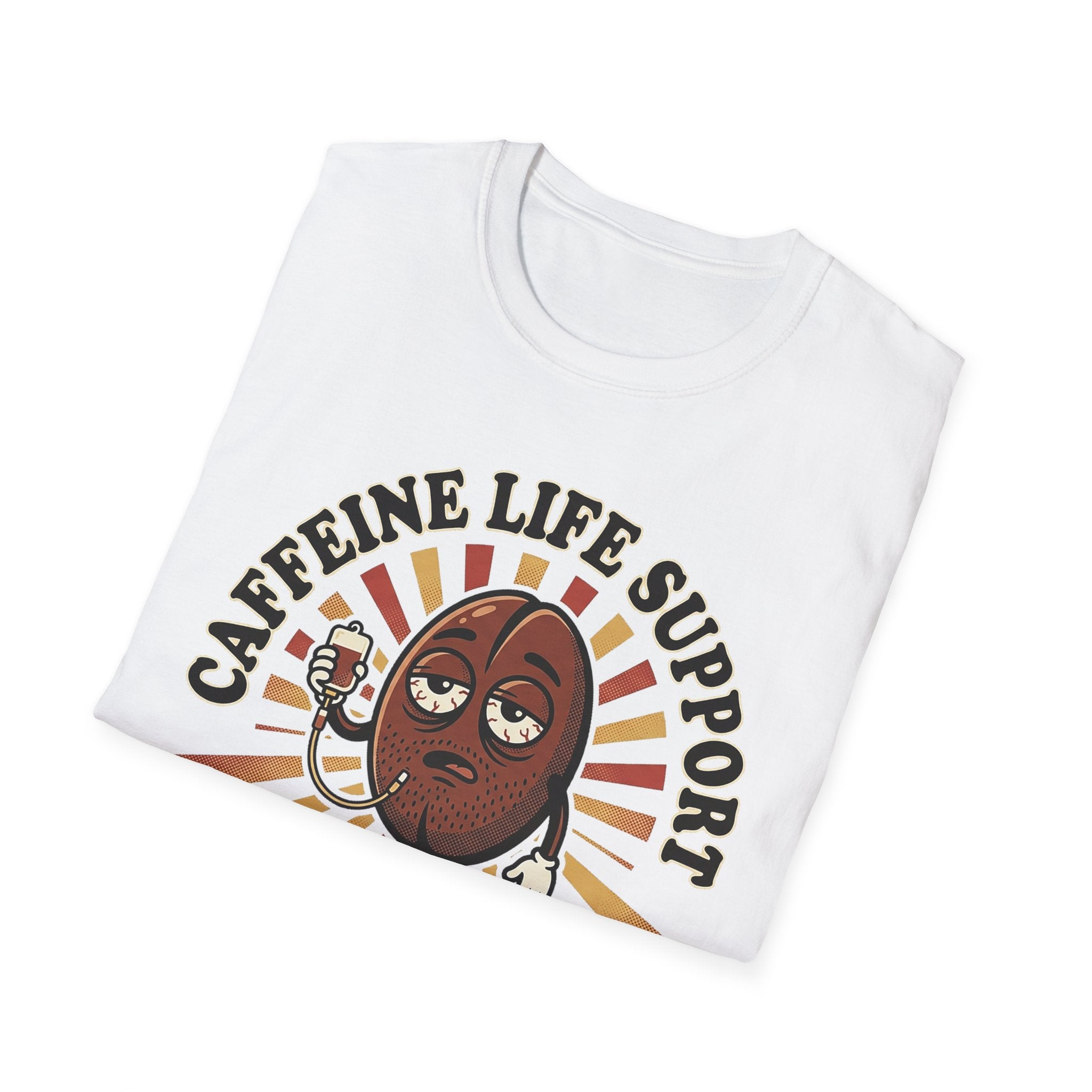 White T-shirt folded with cartoon coffee bean “CRITICAL CONDITION” graphic