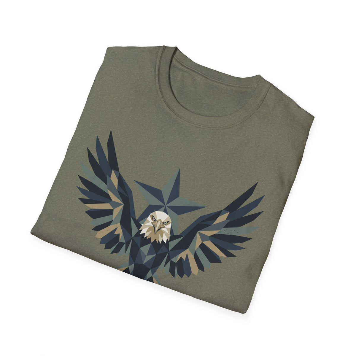 Olive green crew-neck t-shirt with geometric bald eagle graphic centered on front