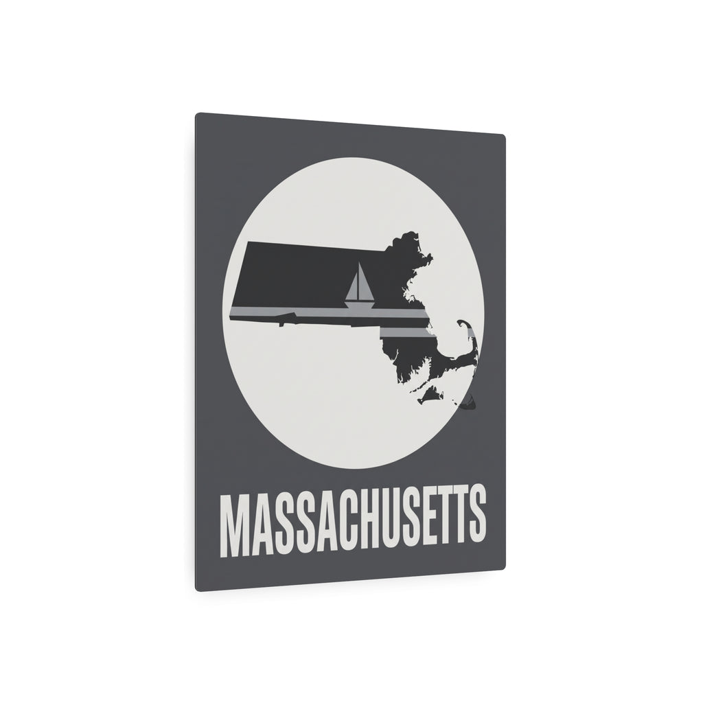 Massachusetts state silhouette metal wall sign with sailboat and bold text