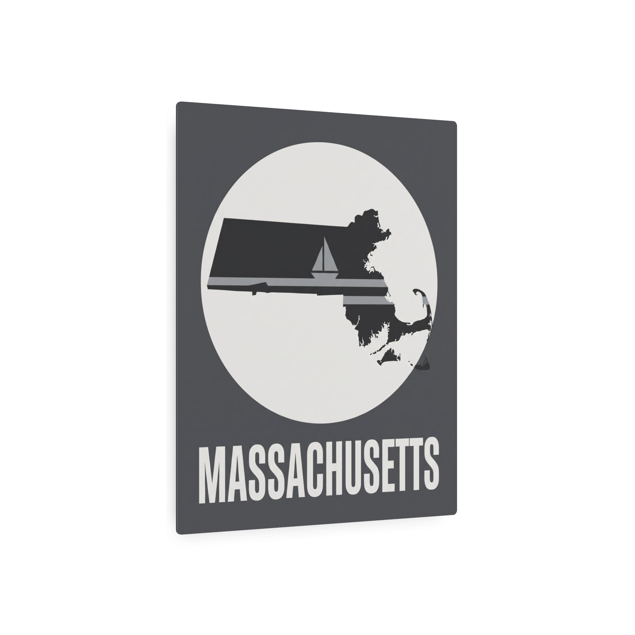 Massachusetts state silhouette metal wall sign with sailboat and bold text