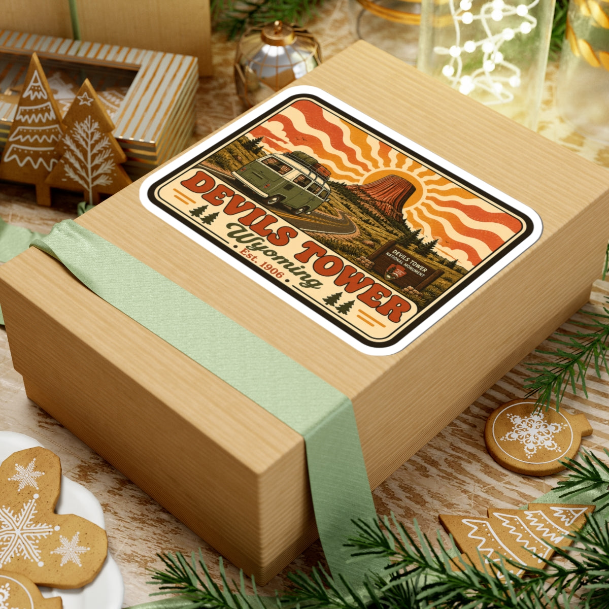 Kiss-cut sticker with rounded white border: green camper van, Devil’s Tower, and Wyoming typography