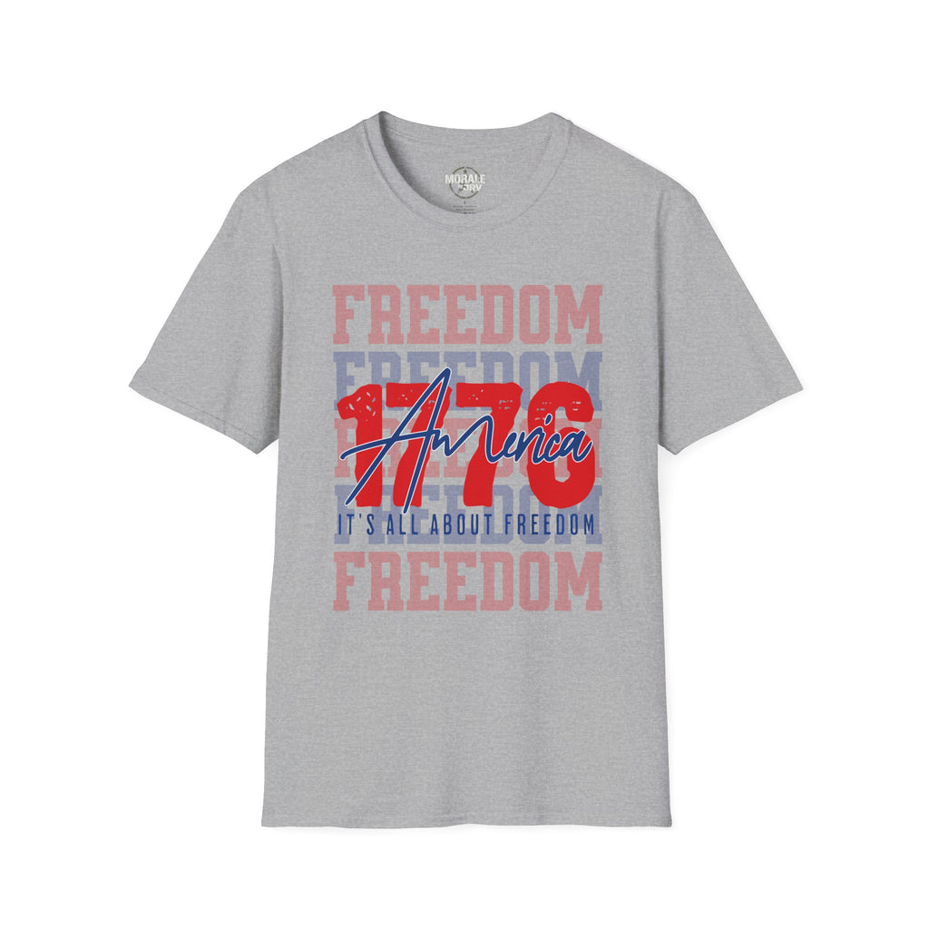 Heather gray Freedom USA graphic T-shirt with red/blue 'America' logo