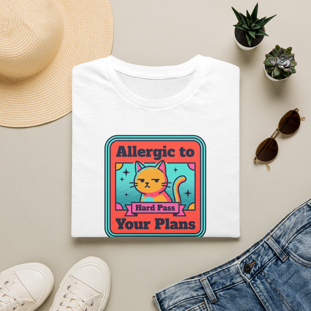 White cat graphic T-shirt with 'Allergic to Your Plans' text
