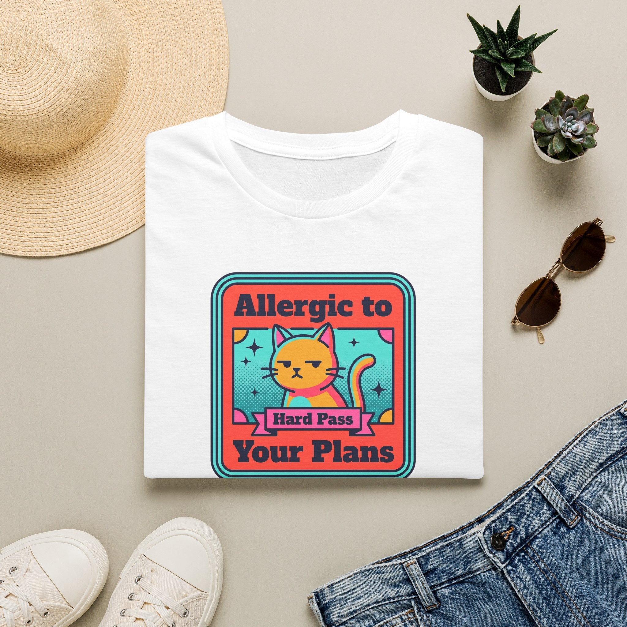 White cat graphic T-shirt with 'Allergic to Your Plans' text