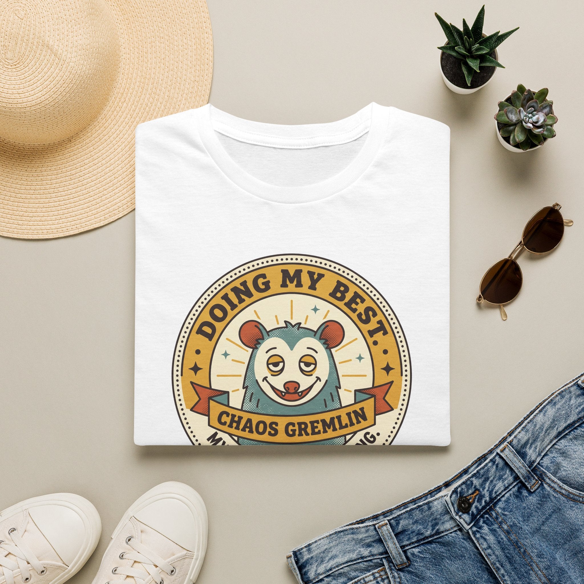 White t-shirt with “Doing My Best Chaos Gremlin” cartoon chest graphic
