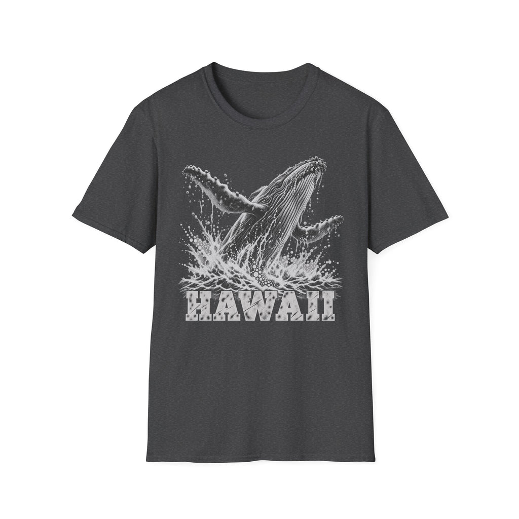 Charcoal gray crewneck T-shirt with white breaching humpback whale and “HAWAII” graphic