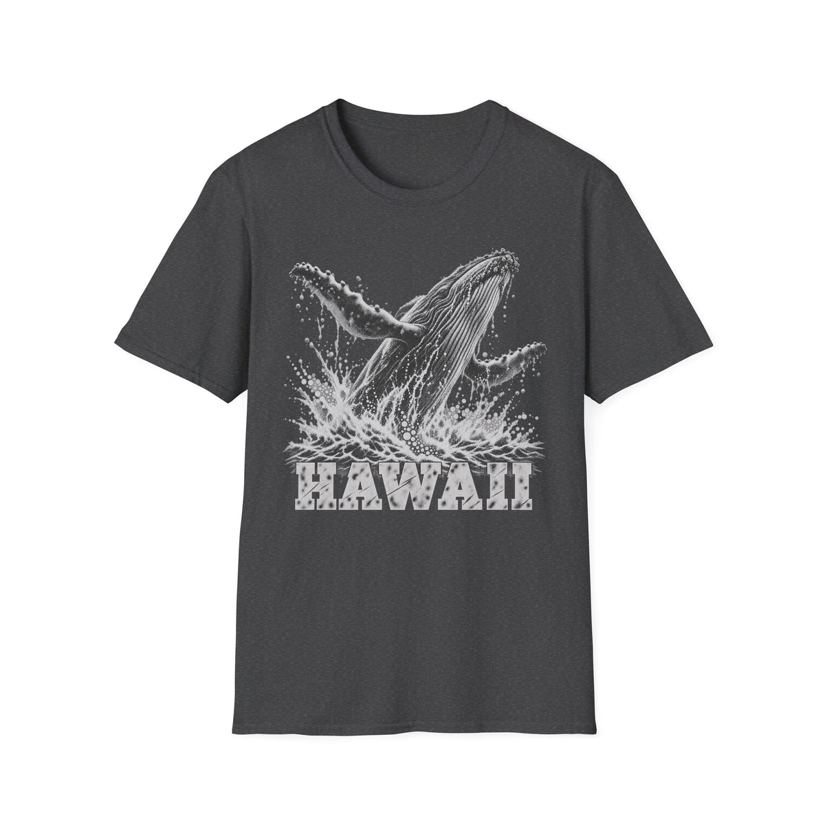 Charcoal gray crewneck T-shirt with white breaching humpback whale and “HAWAII” graphic