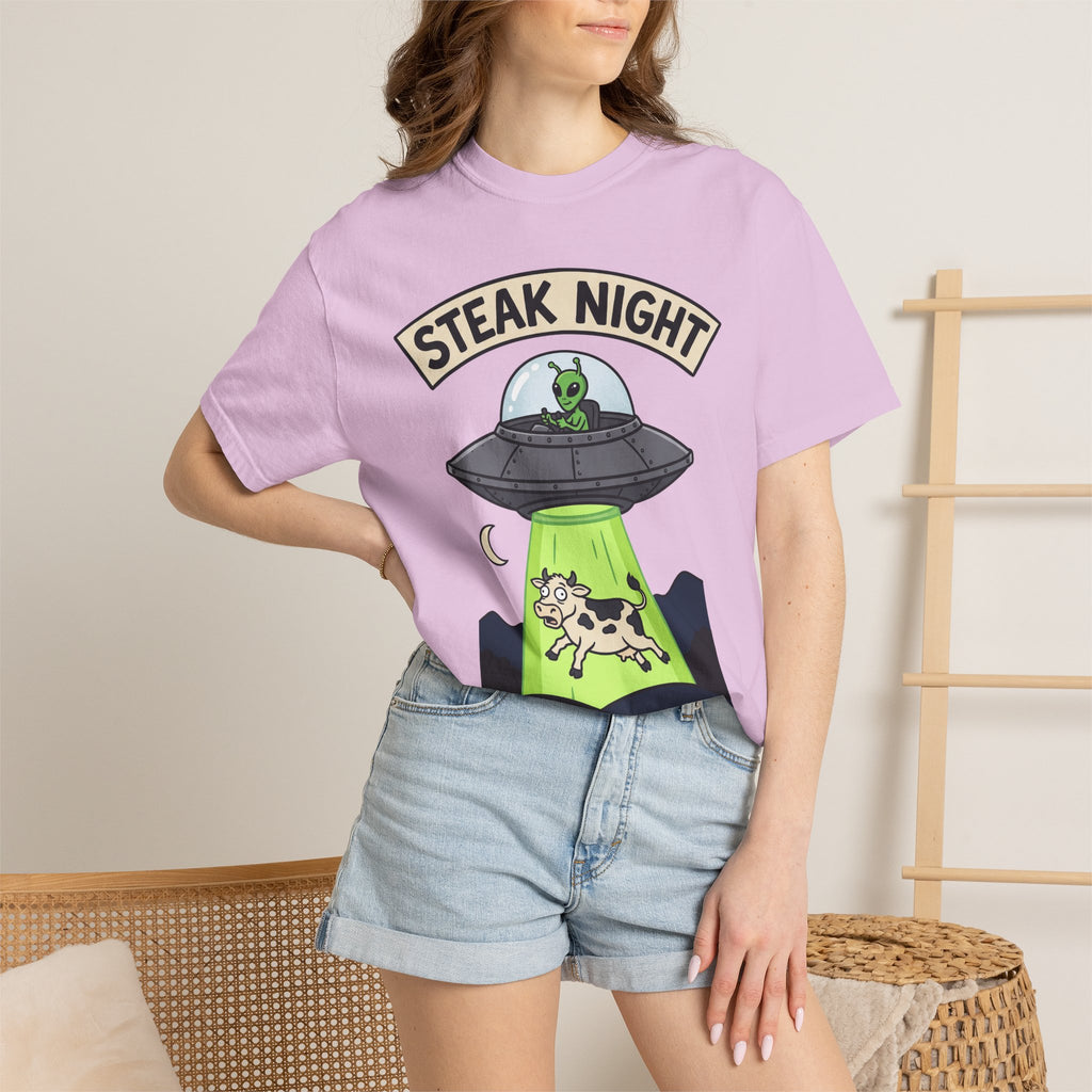 Light pink T-shirt with 'Steak Night' UFO and green alien cow graphic