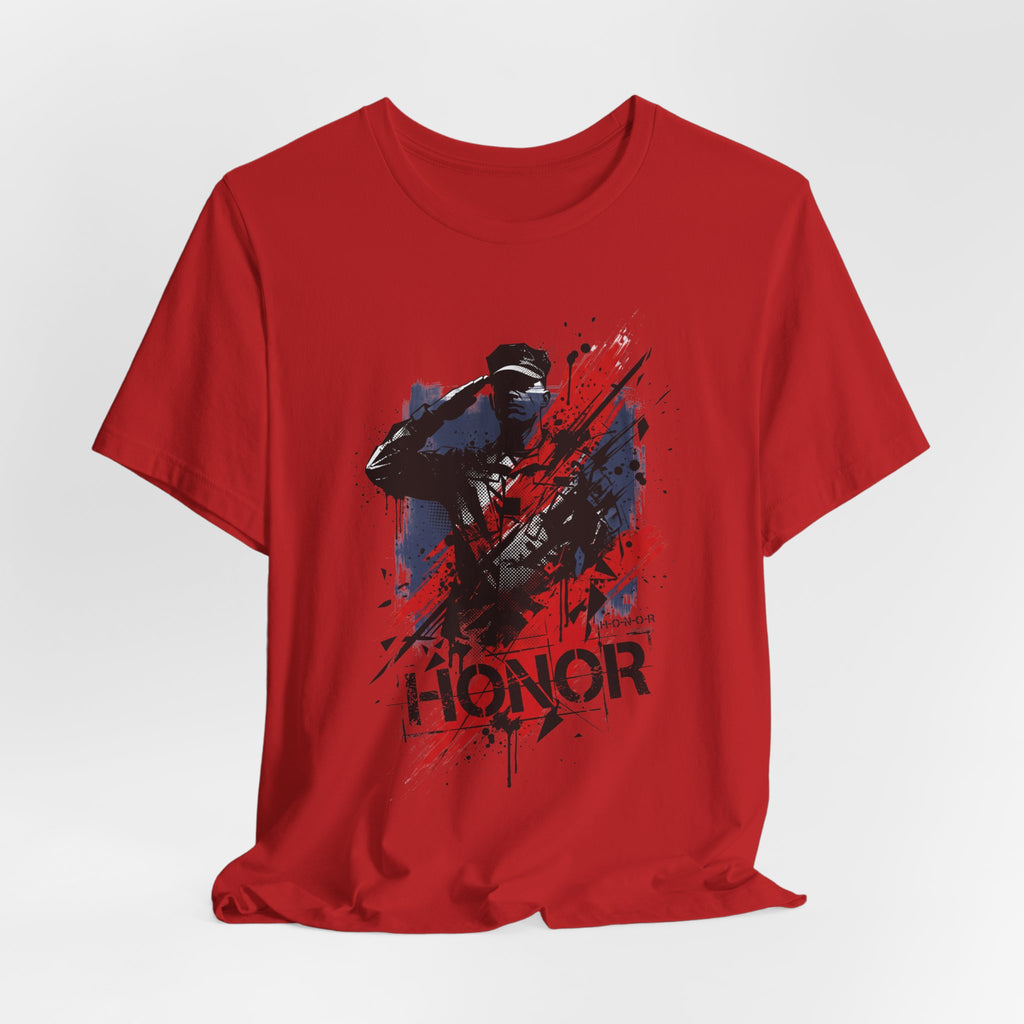 Red crewneck T-shirt with blue and red soldier silhouette graphic
