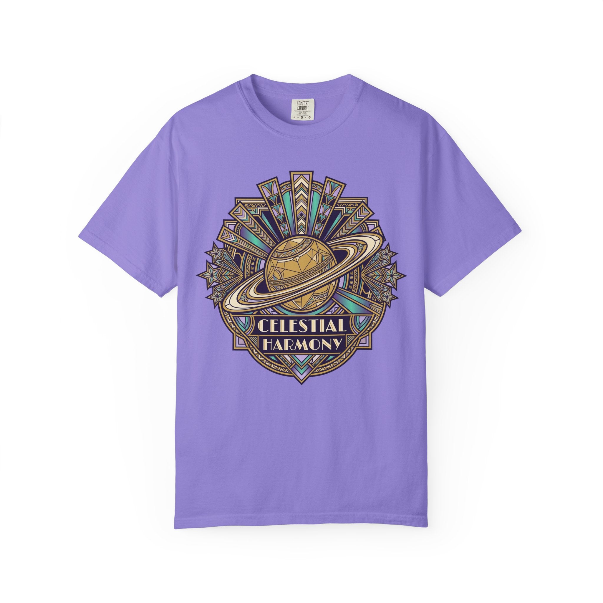 Purple T-shirt with Celestial Harmony planet and starburst graphic on front