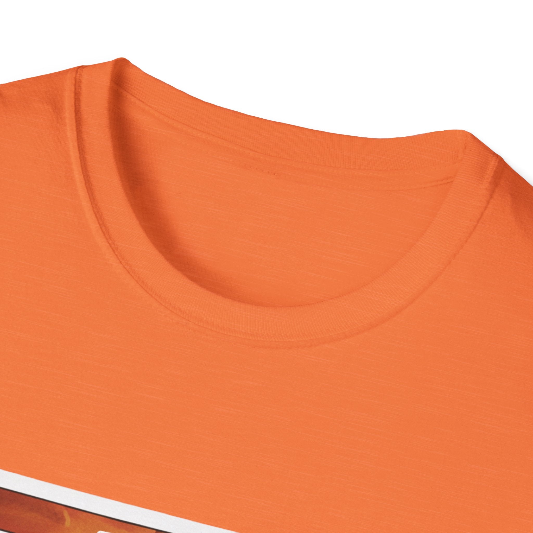 Orange T-shirt neckline and collar seam close-up