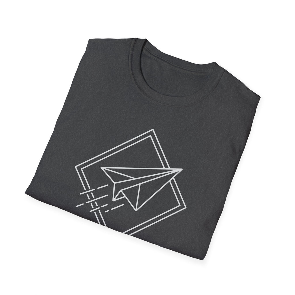 Dark gray T-shirt with paper airplane line art and layered outline