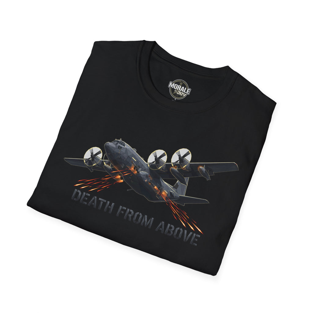 Death From Above military plane T-shirt, gritty black with orange action print