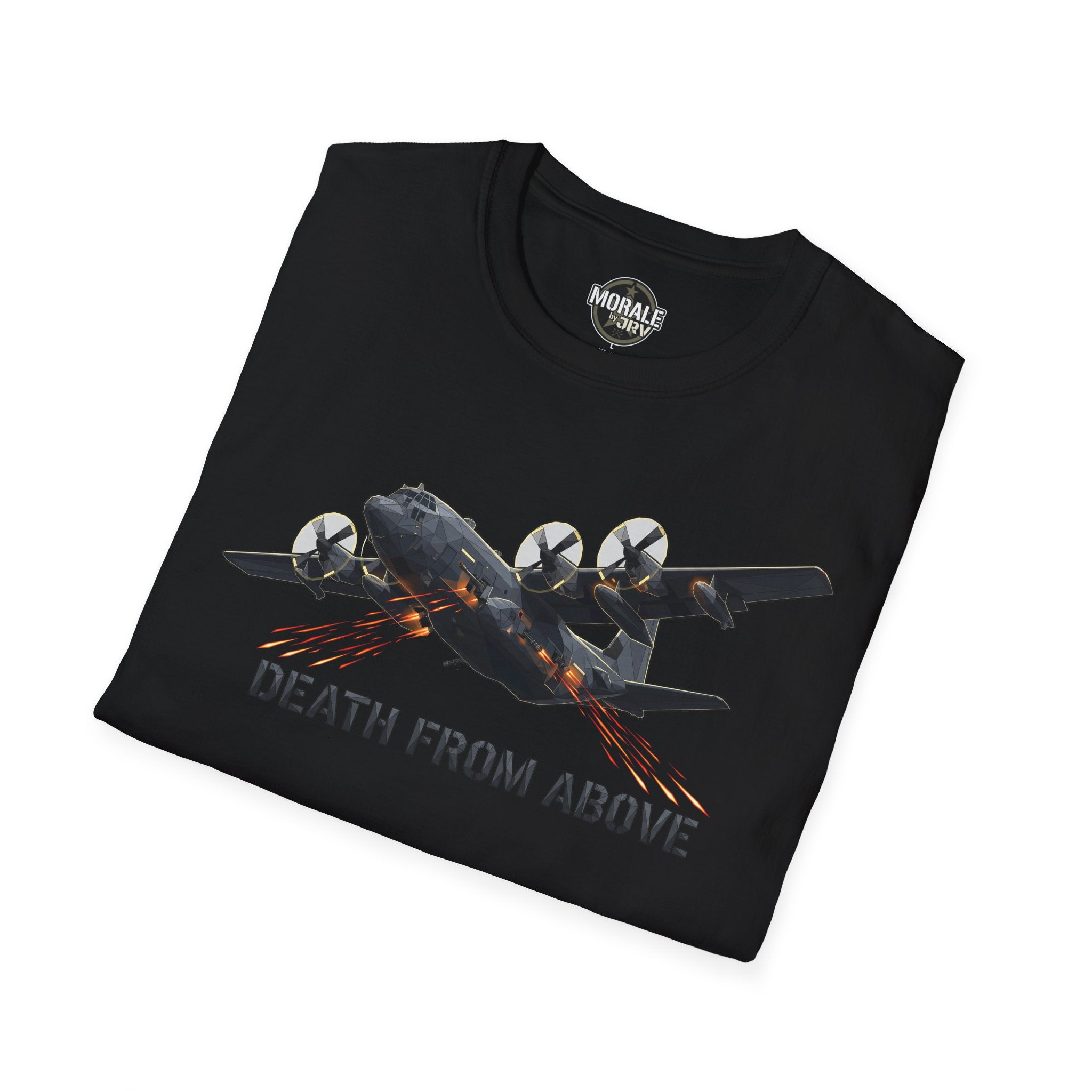 Death From Above military plane T-shirt, gritty black with orange action print