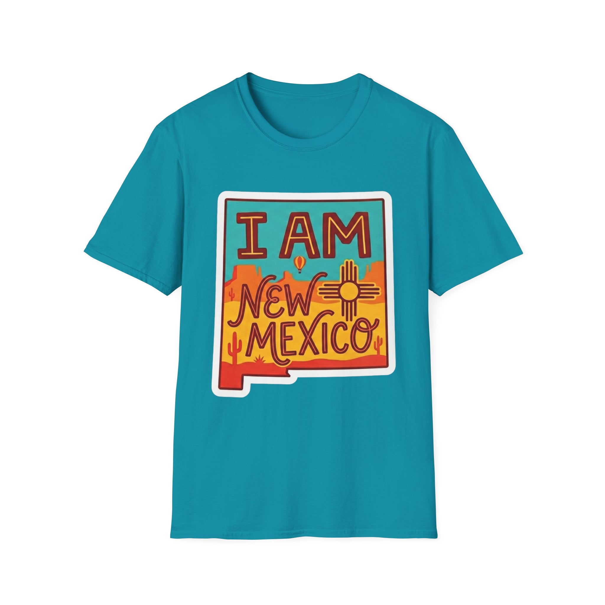 Teal T-shirt with “I AM New Mexico” state pride graphic on the chest