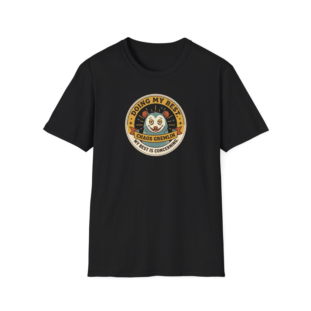 Black short-sleeve T-shirt with round cartoon logo graphic at center.