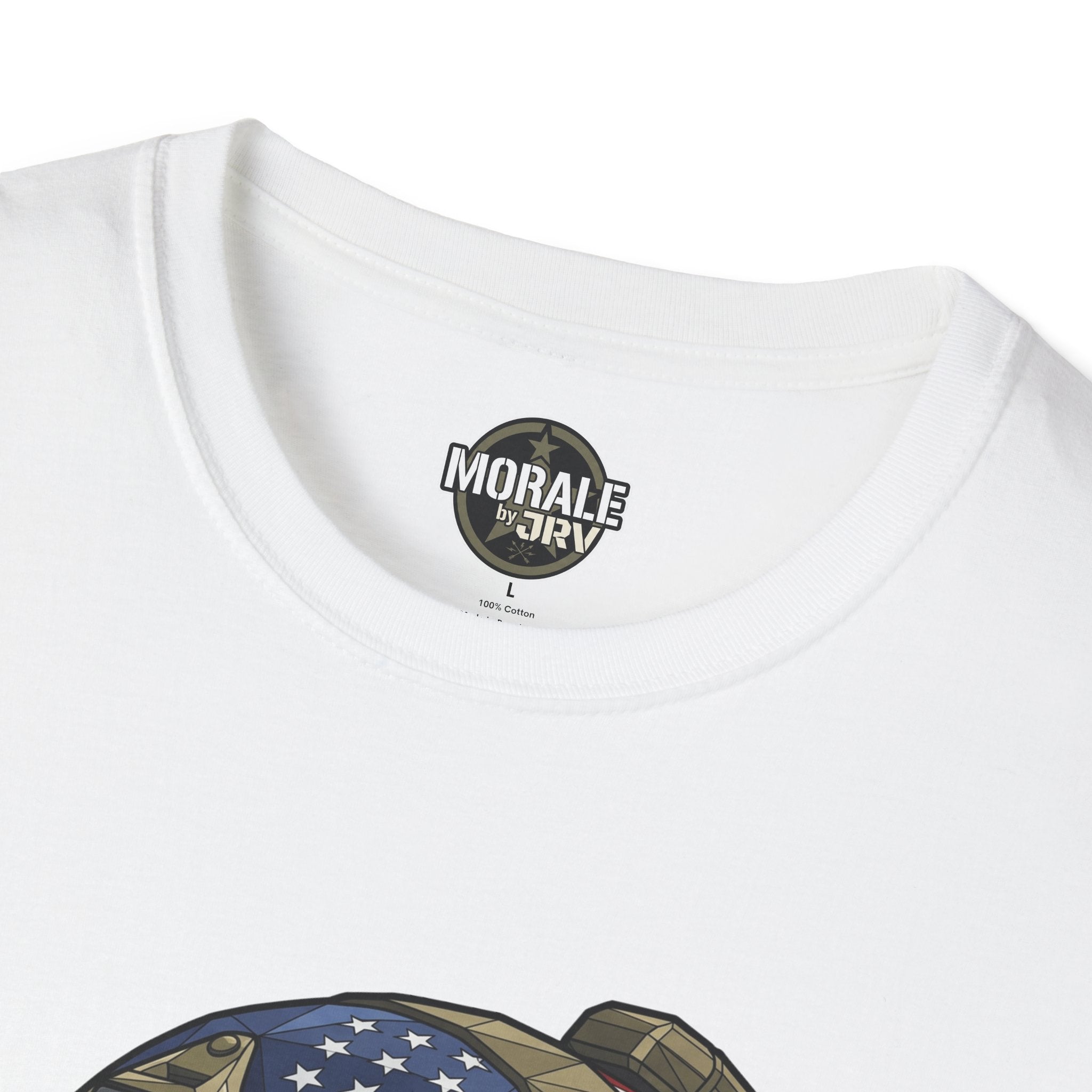 White T-shirt close-up: round chest badge logo above top of skull helmet graphic