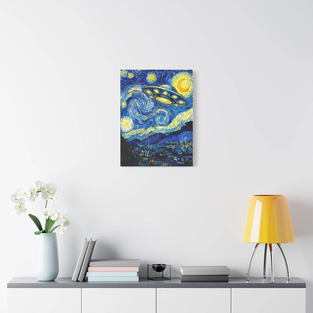 Starry blue UFO wall canvas in matte stretched finish, small on white wall