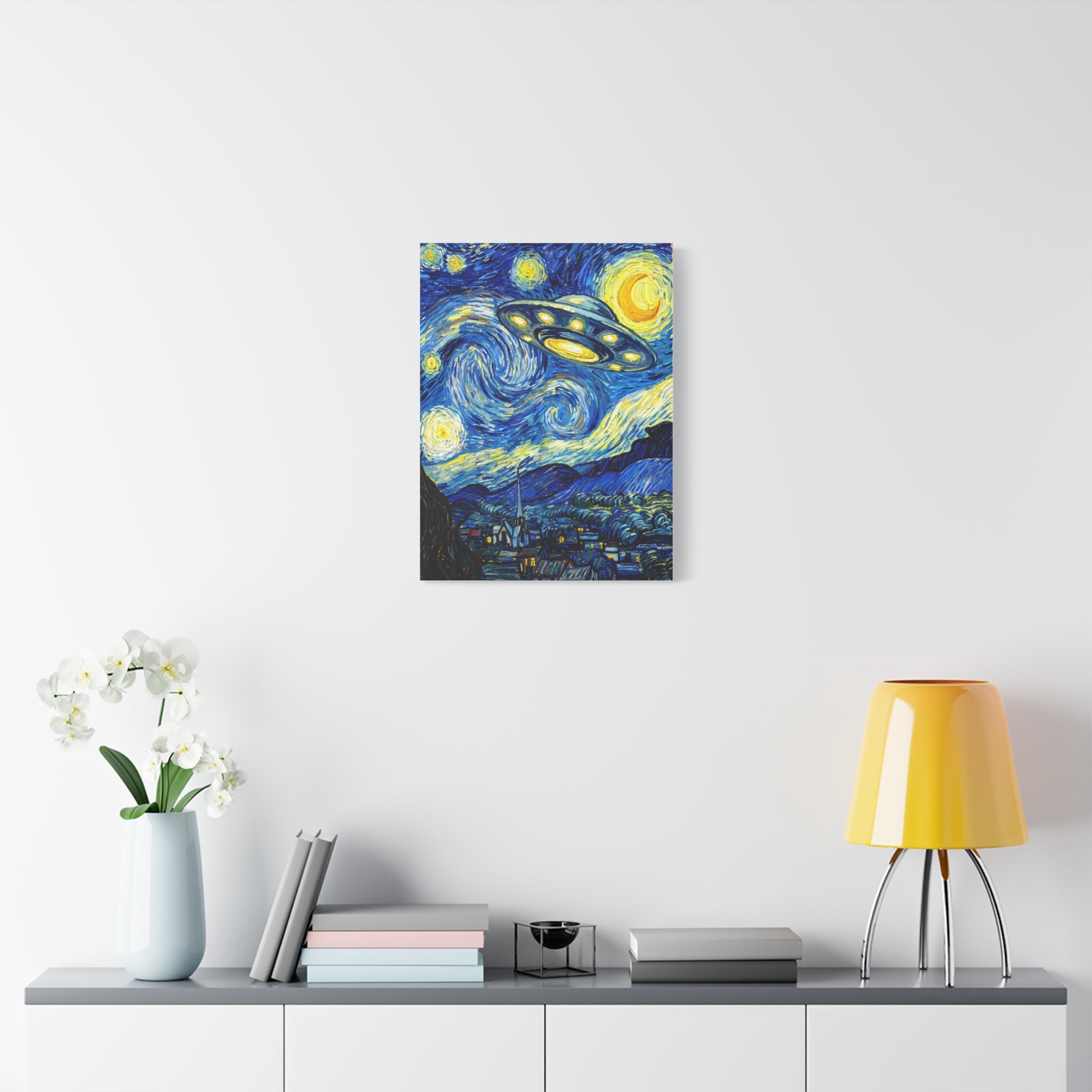 Starry blue UFO wall canvas in matte stretched finish, small on white wall