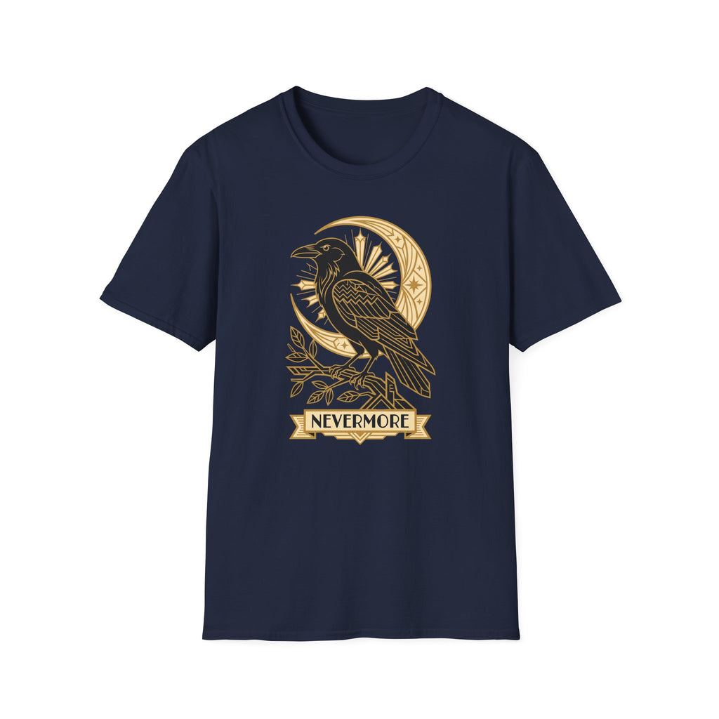 Crewneck T-shirt in navy with gold raven and moon graphic, short sleeves