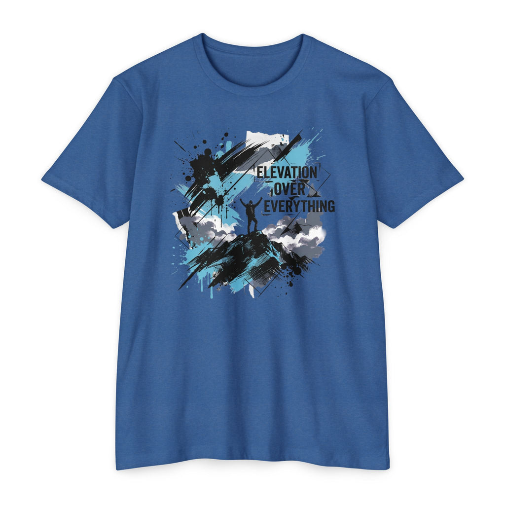 Medium blue crewneck T-shirt with blue/black splatter mountain graphic and text "ELEVATION OVER EVERYTHING"