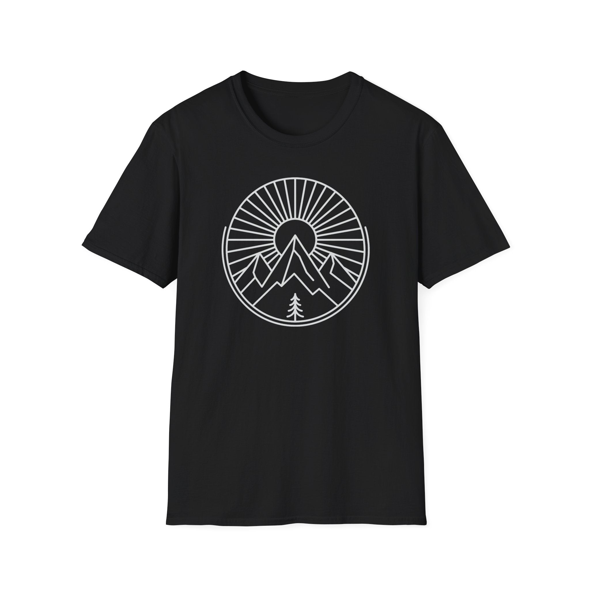 Black unisex t-shirt with white circular mountain-and-tree sunburst graphic