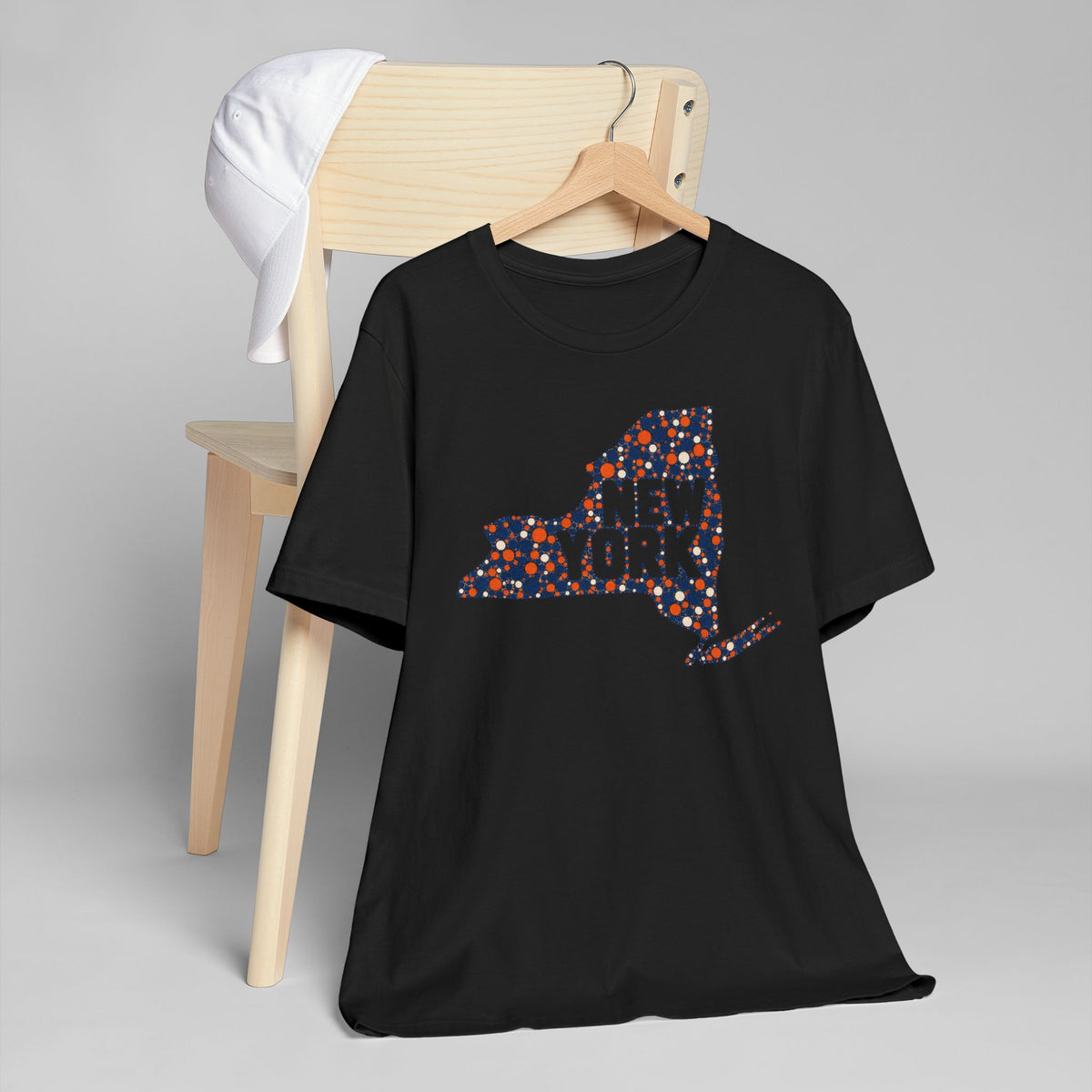 Black crewneck T-shirt with dotted New York state graphic