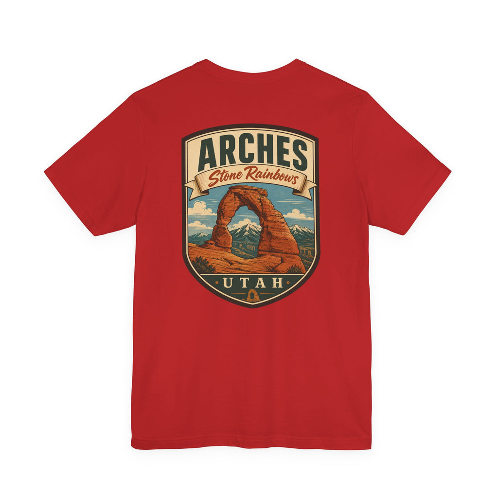 Red crew-neck T-shirt with Arches Stone Rainbows graphic shield on front