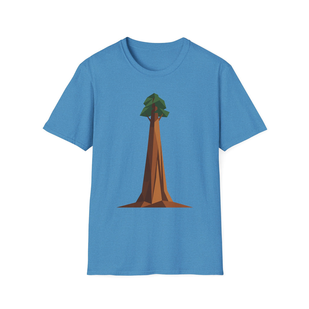 Geometric tree T-shirt, medium blue base with low-poly redwood graphic on front