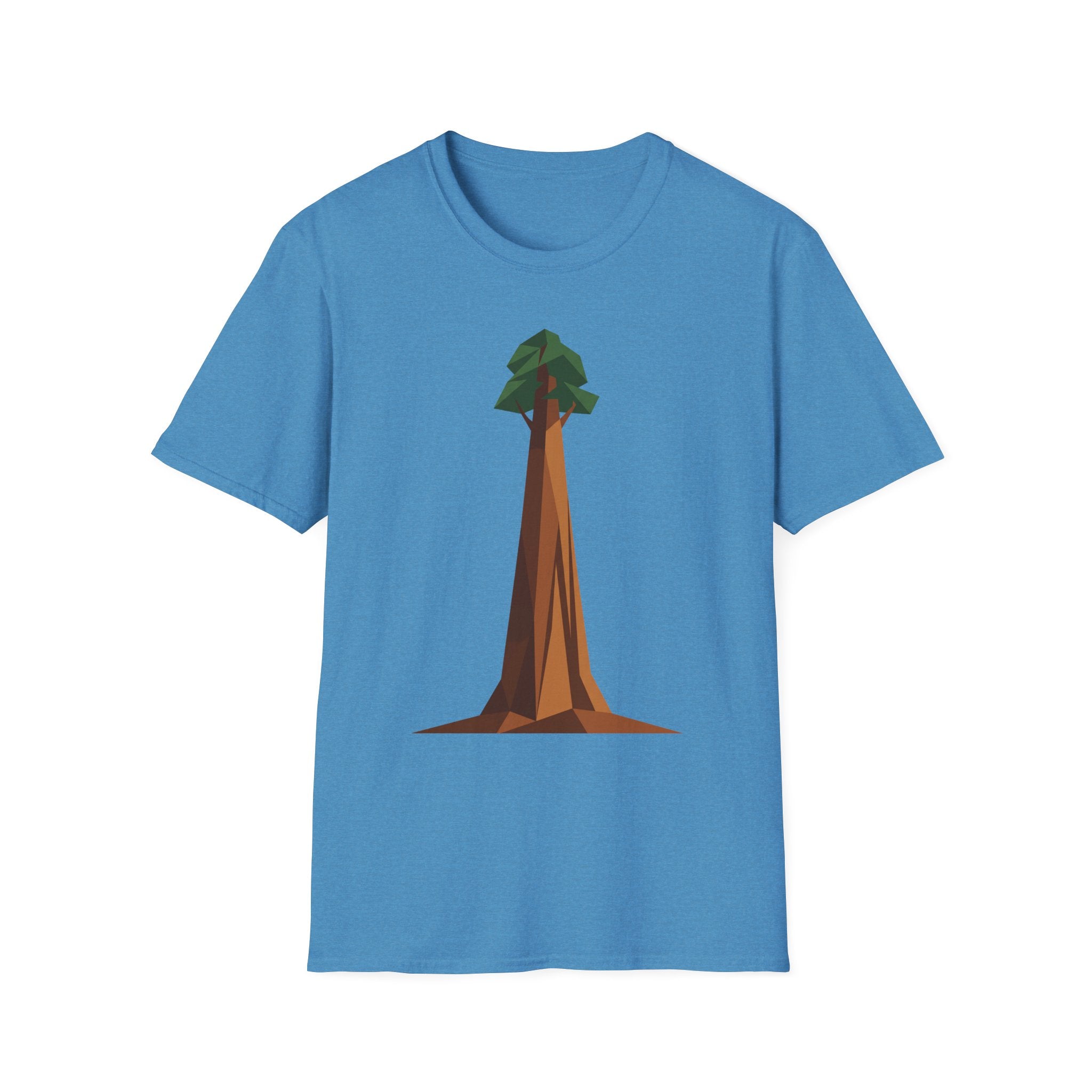 Geometric tree T-shirt, medium blue base with low-poly redwood graphic on front