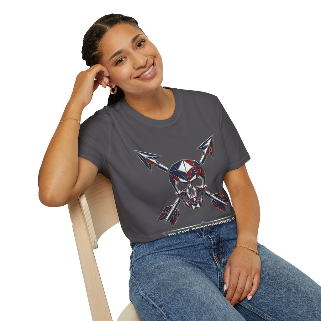 Slate gray-blue T-shirt with partial geometric skull and crossed arrow print