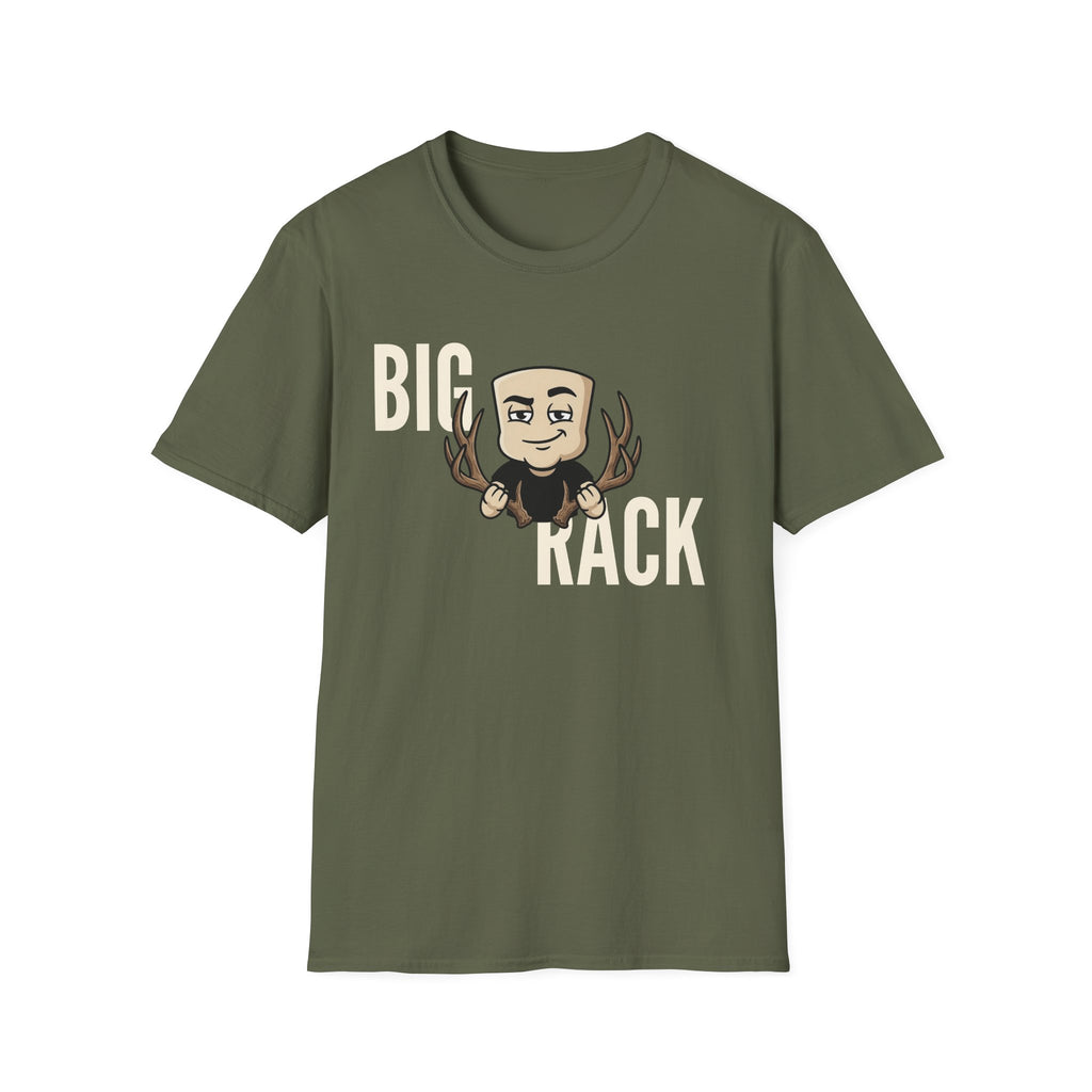 Olive green T-shirt with "BIG" "KACK" cartoon hunter and antler graphic