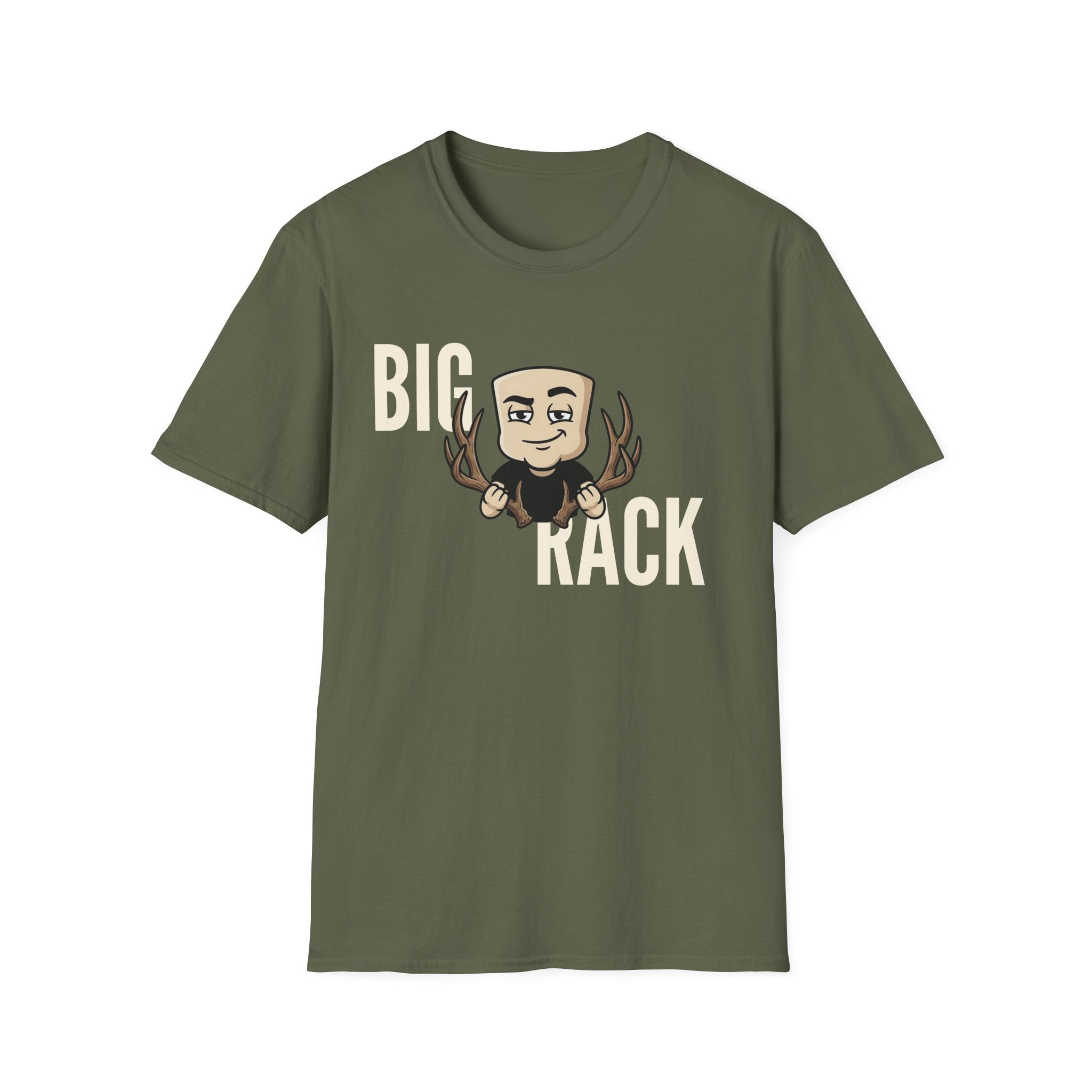 Olive green T-shirt with "BIG" "KACK" cartoon hunter and antler graphic