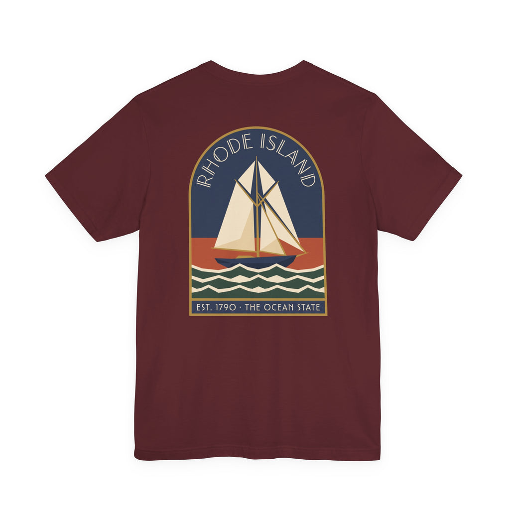 Maroon t-shirt with front circular sailboat graphic and “Rhode Island” text