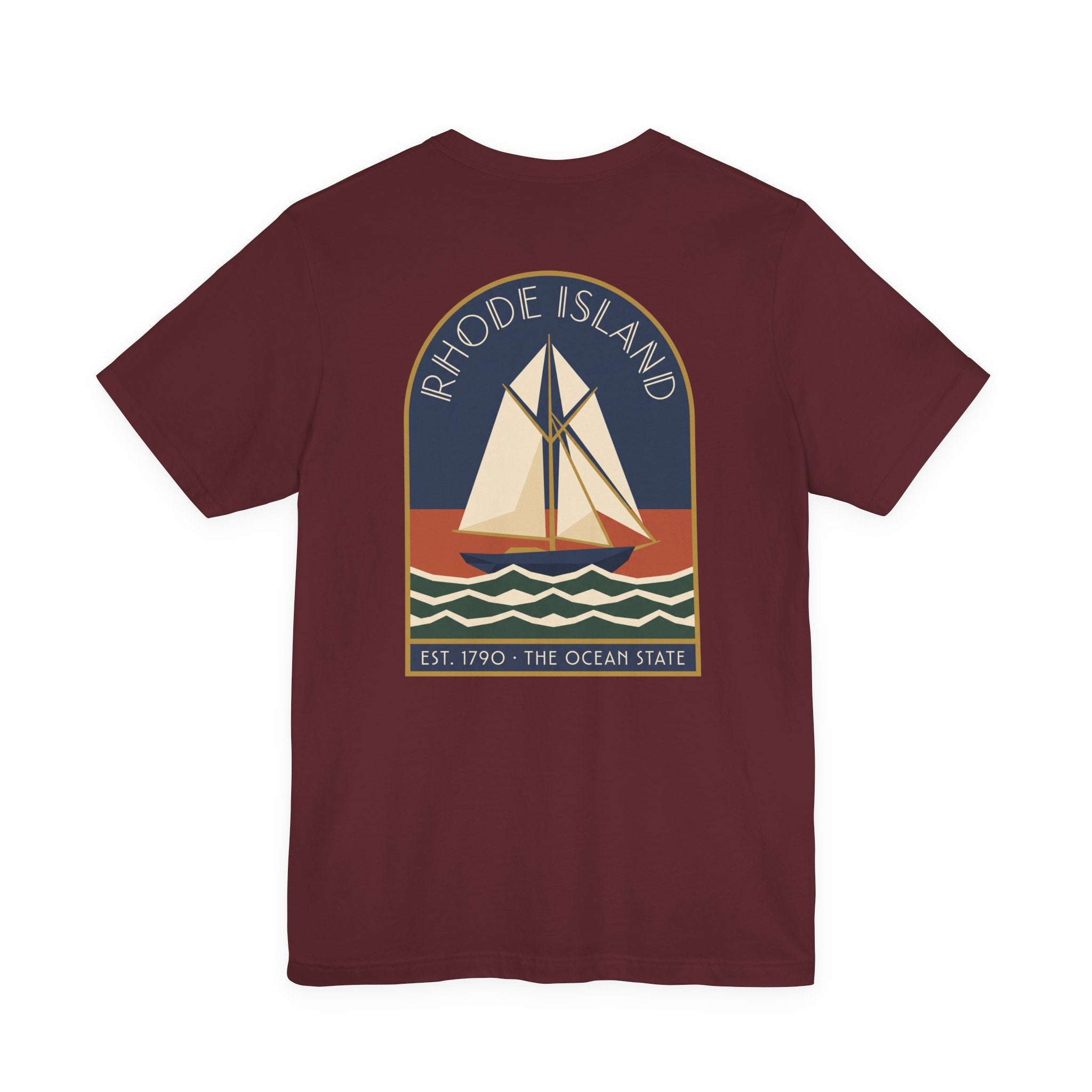 Maroon t-shirt with front circular sailboat graphic and “Rhode Island” text