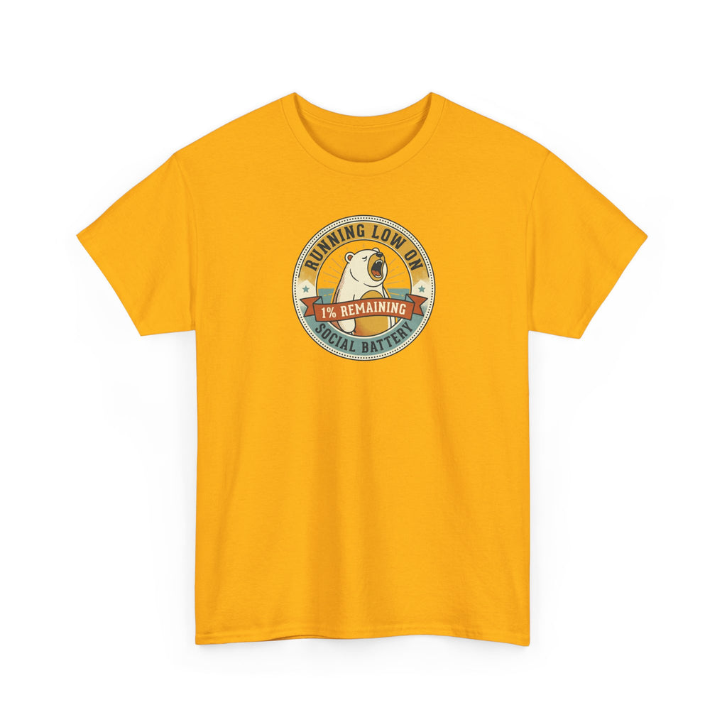 Gold crew-neck T-shirt with circular bear 'social battery' graphic