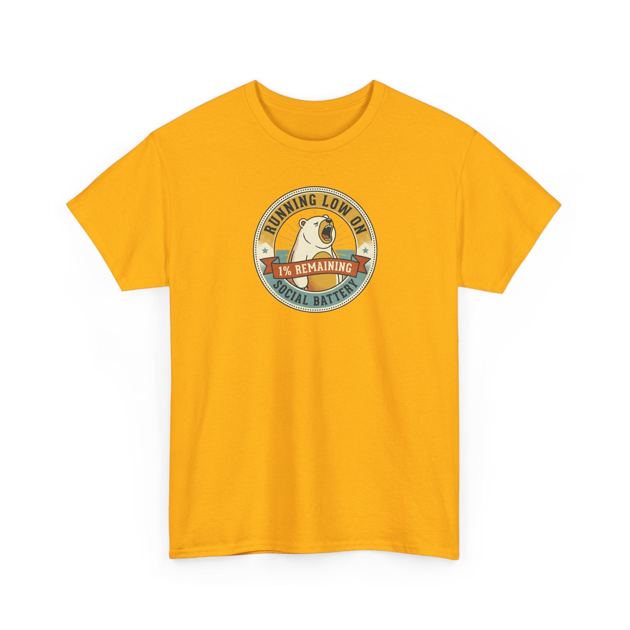 Gold crew-neck T-shirt with circular bear 'social battery' graphic